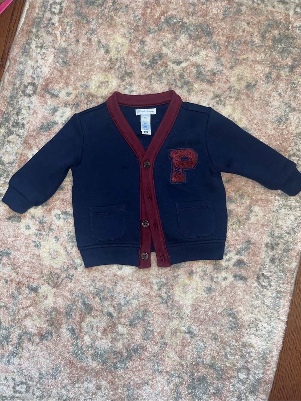 Ralph Lauren Warm Navy Cardigan with Burgundy Trim 6M